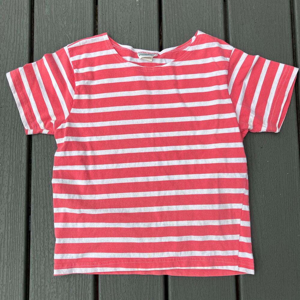 Vintage pink and white cotton striped tshirt, preppy casual coastal